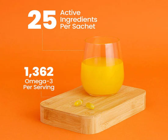 Revive Zest Active ingredients per sachet with Omega 3 capsules on wooden board