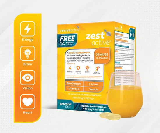 Revive Zest Active sachet drink with Omega Active capsules displayed