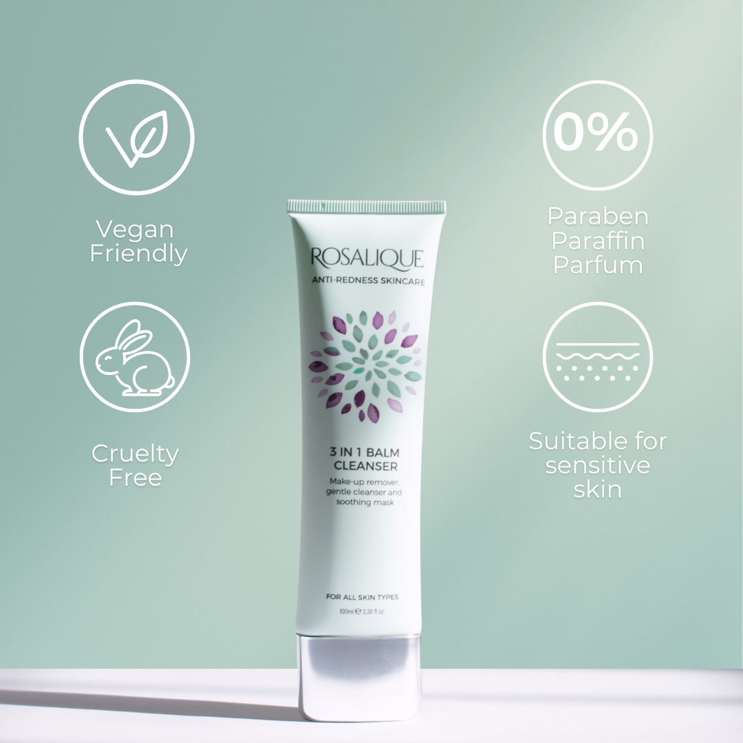Rosalique balm cleanser with vegan, cruelty-free, and 0% fragrance icons