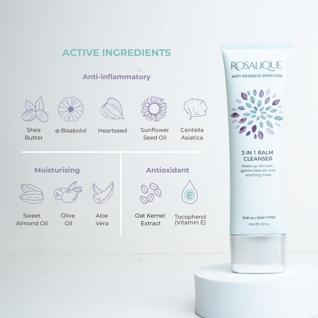 Rosalique 3 in 1 balm showing steps: makeup remover, cleanser, and soothing mask
