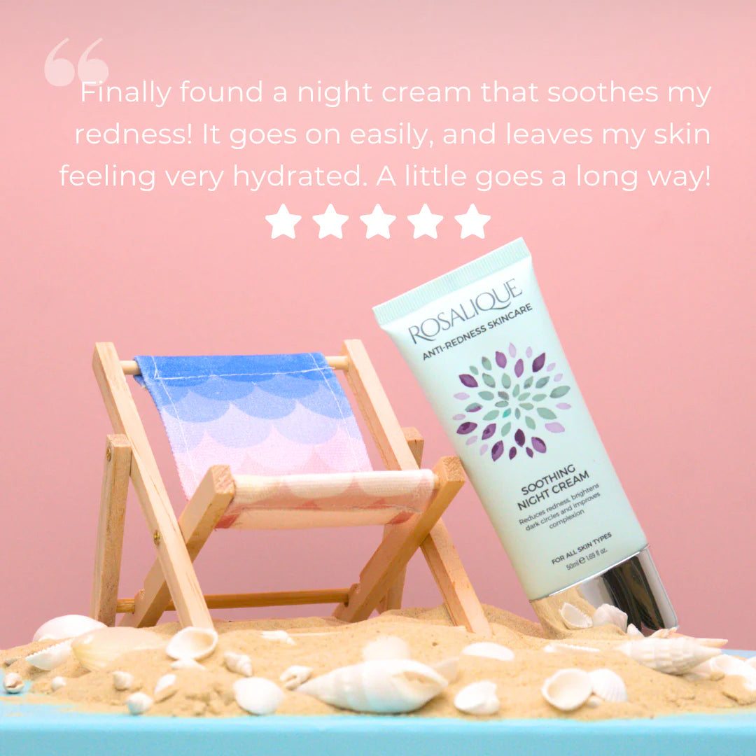 Rosalique night cream with beach scene and product review text on pink background