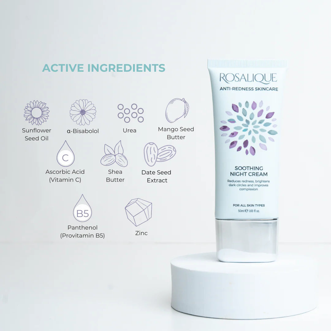 Rosalique soothing night cream with active ingredients listed on a white background