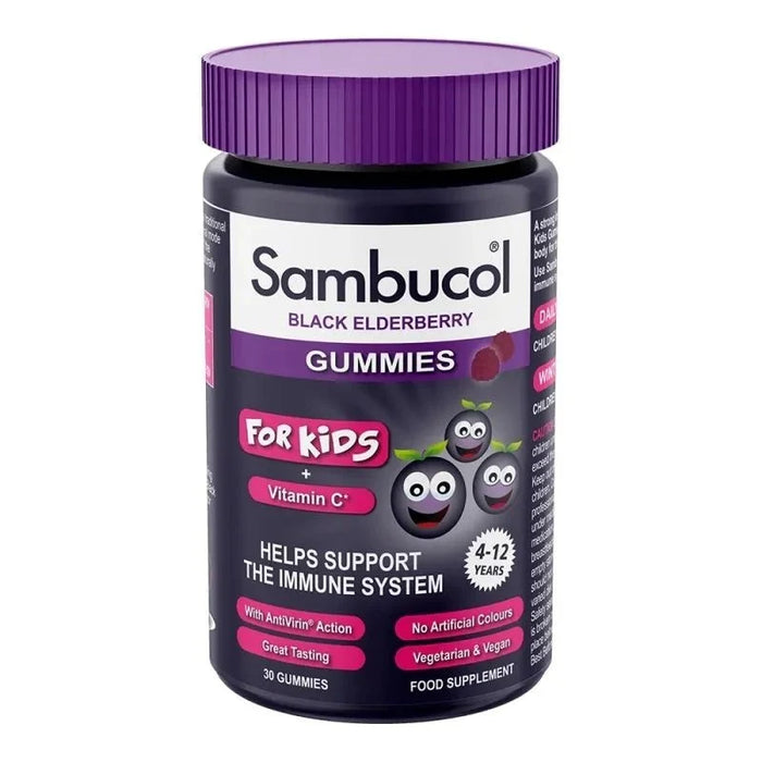 Sambucol Black Elderberry Vitamin C Gummies for Kids 30 pack in purple bottle for children aged 4–12 years