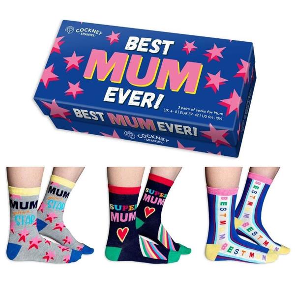 Cockney Spaniel Best Mum Ever Women’s Sock Gift Set with three colourful pairs