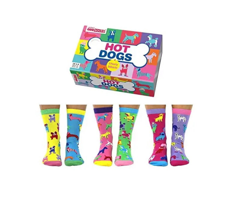 United Oddsocks Hot Dogs Women’s Gift Box with six colourful dog-themed odd socks