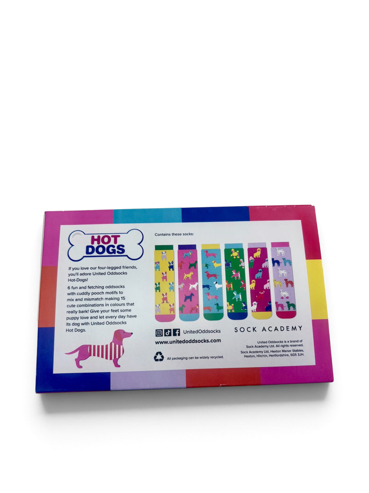 United Oddsocks Hot Dogs Women’s Odd Socks Gift Box back showing six sock designs