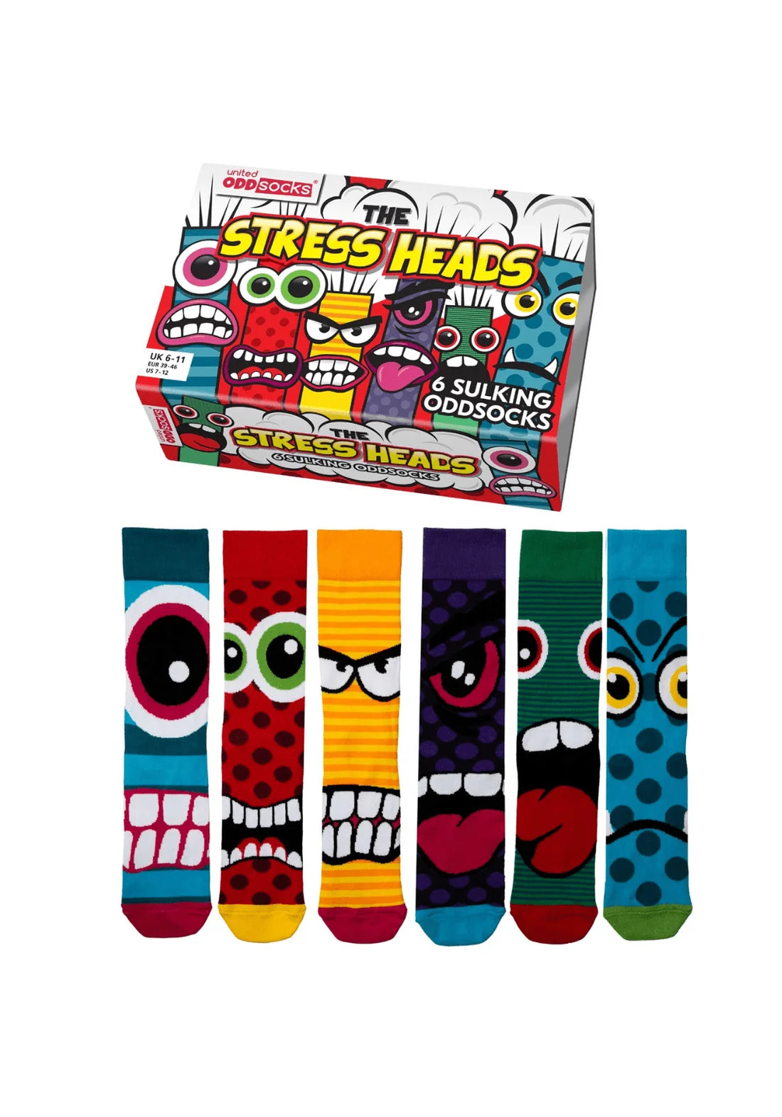 United Oddsocks Stress Heads men’s gift box with 6 colourful odd socks