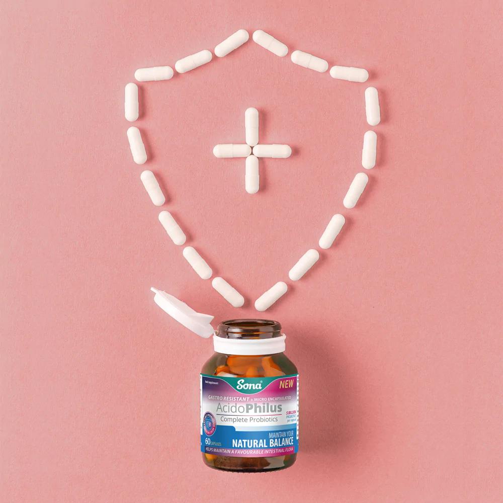 Sona probiotics product with protective shield graphic — micro-encapsulated probiotics to reach the colon.