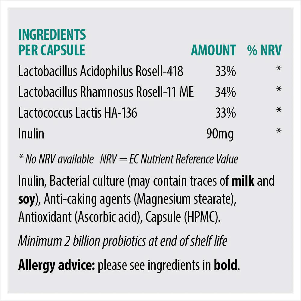 Sona ingredient panel close-up — Lactobacillus acidophilus Rosell-418, L. rhamnosus Rosell-11 ME, L. lactis HA-136 and inulin quantities.