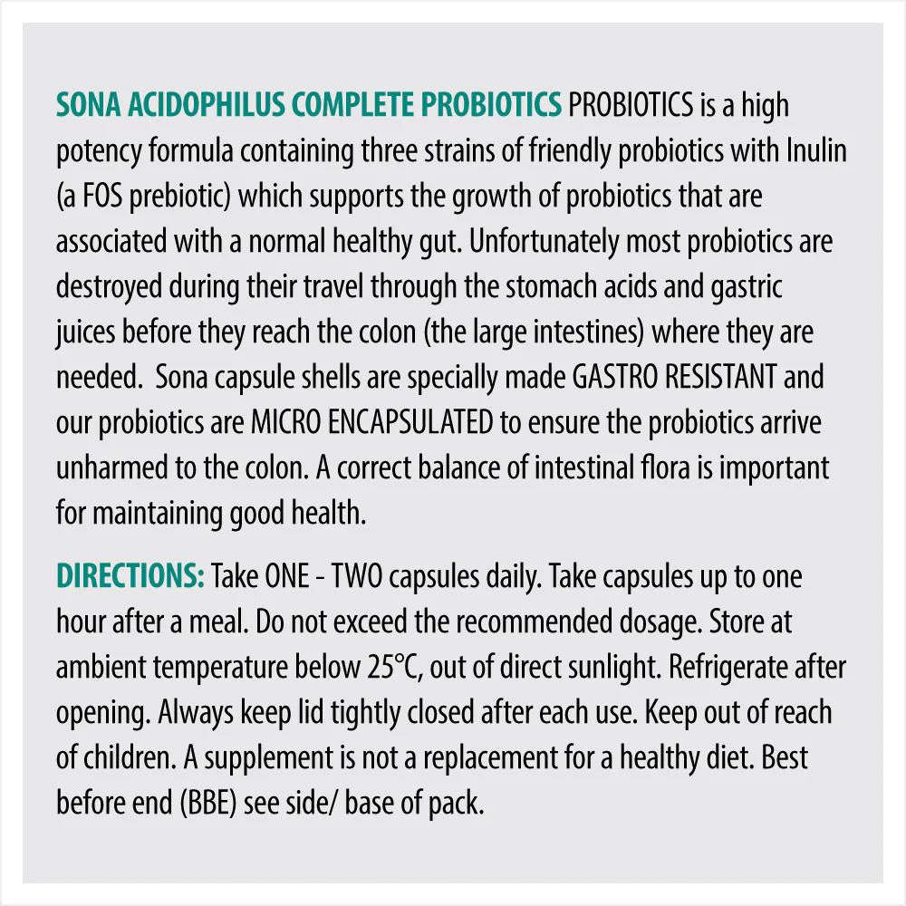 Sona probiotics directions & product text — usage and storage instructions on Sona Acidophilus Complete Probiotics pack.
