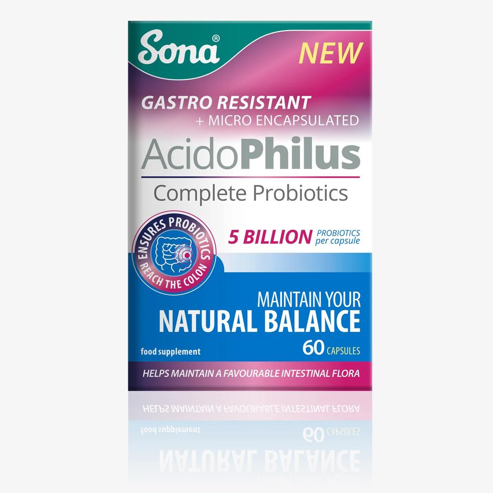 Sona Acidophilus Complete Probiotics front box — gastro-resistant probiotic 5 billion CFU per capsule (60 caps).