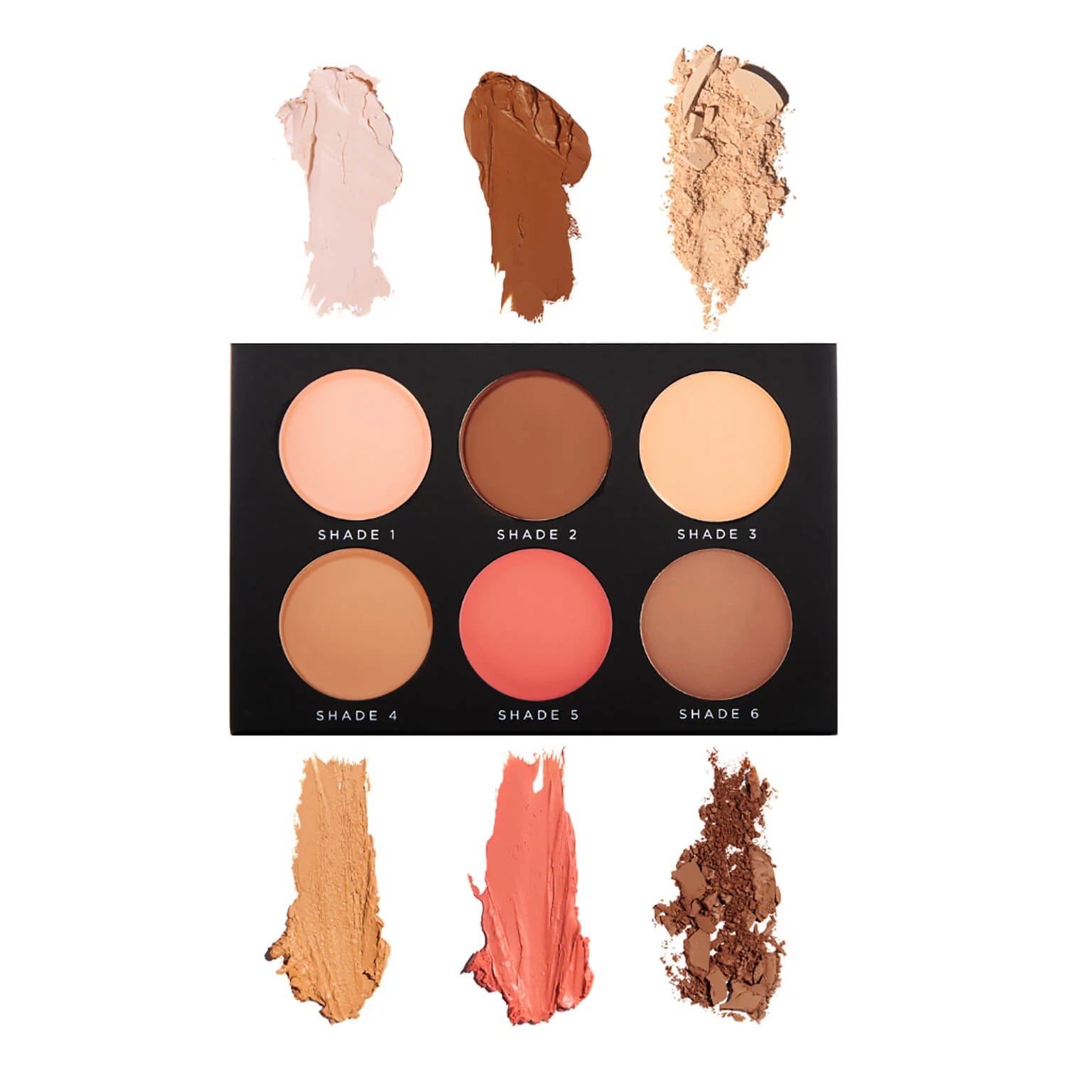 6-in-1 SOSU contour kit with mirror, concealer, blush and highlighter With swatches.