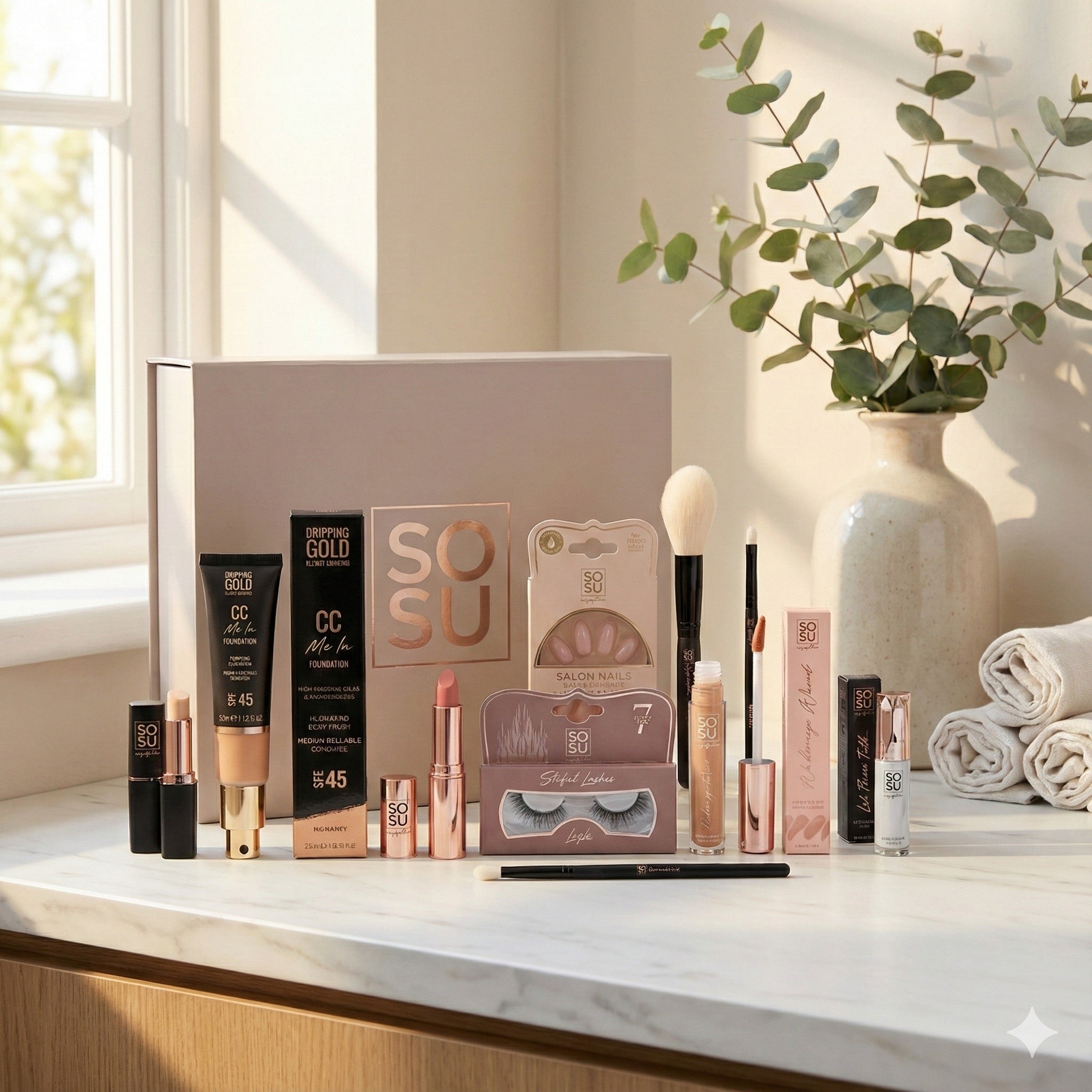 SOSU Ultimate Pamper Box contents laid out: foundation, concealers, brushes, lash