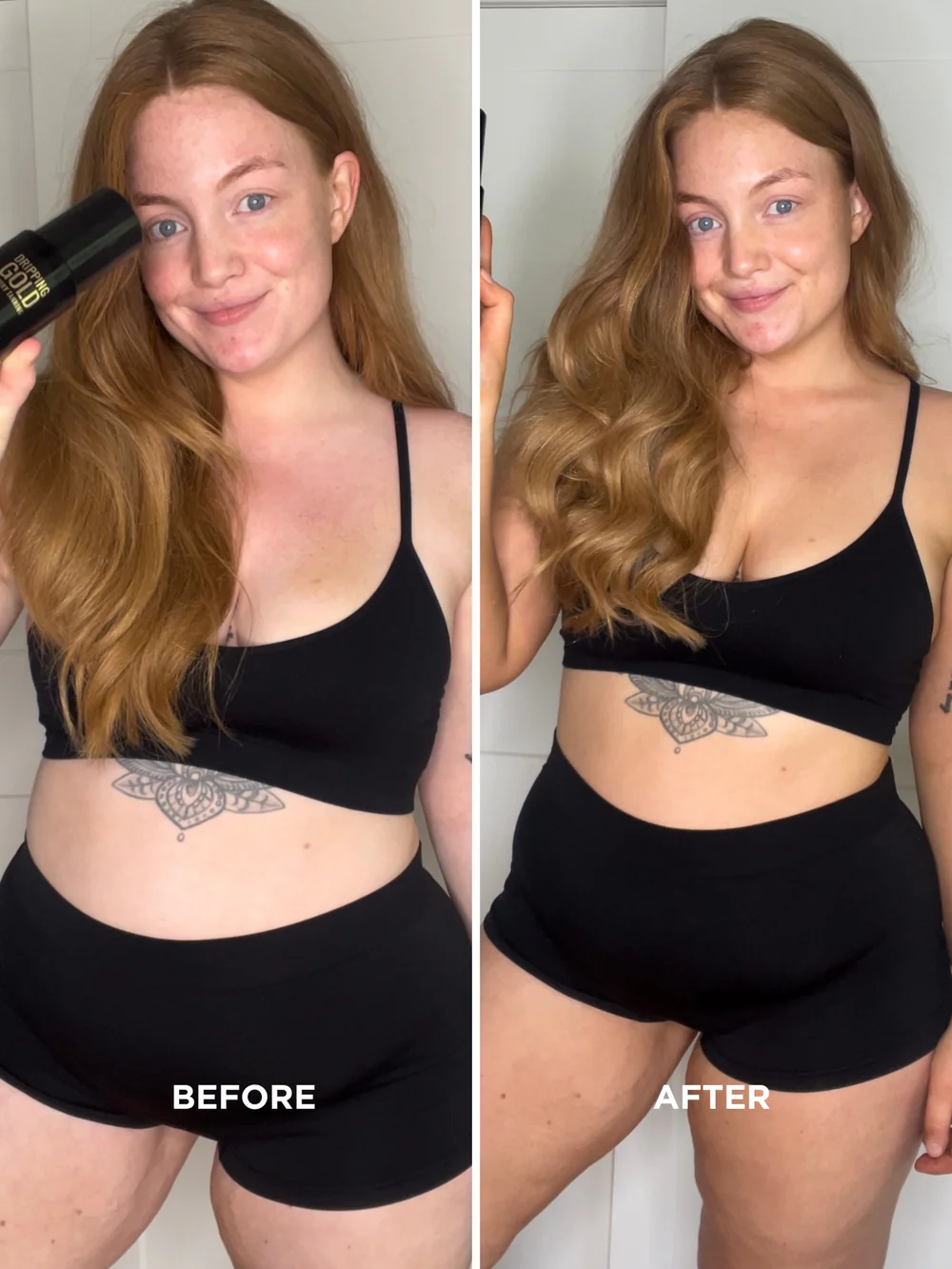 Before and after results using Sosu Dripping Gold Nourishing Tanning Serum Medium