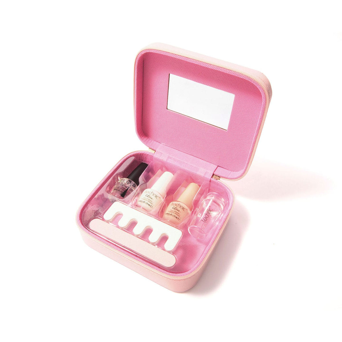 Technic French Manicure Case opened to show three nail varnishes, nail stamper, toe separator and nail file