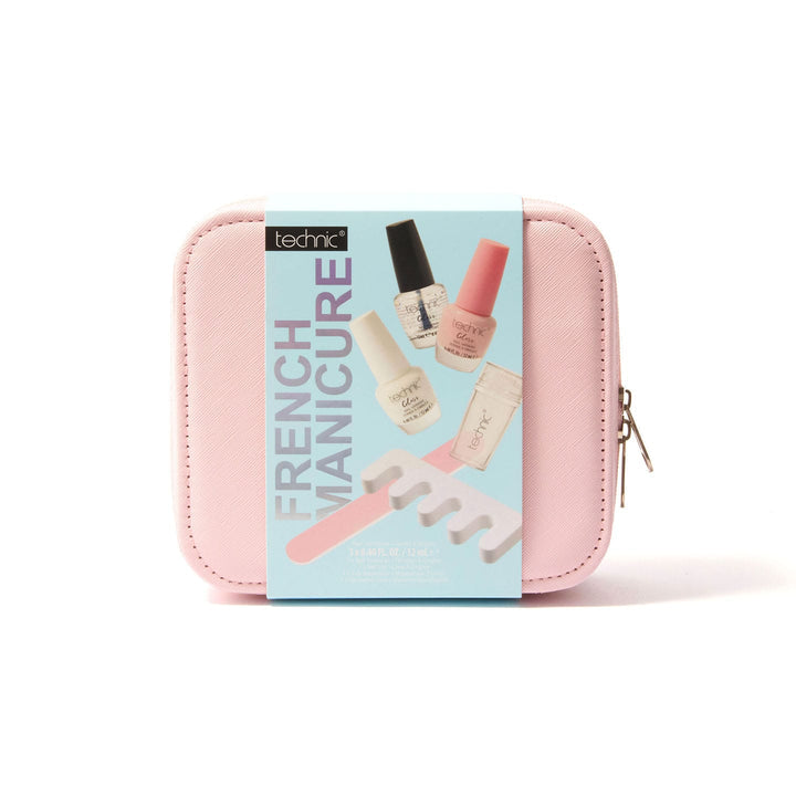 Technic French Manicure Nail Polish Gift Set in closed pink zip-up beauty case with illustrated product sleeve