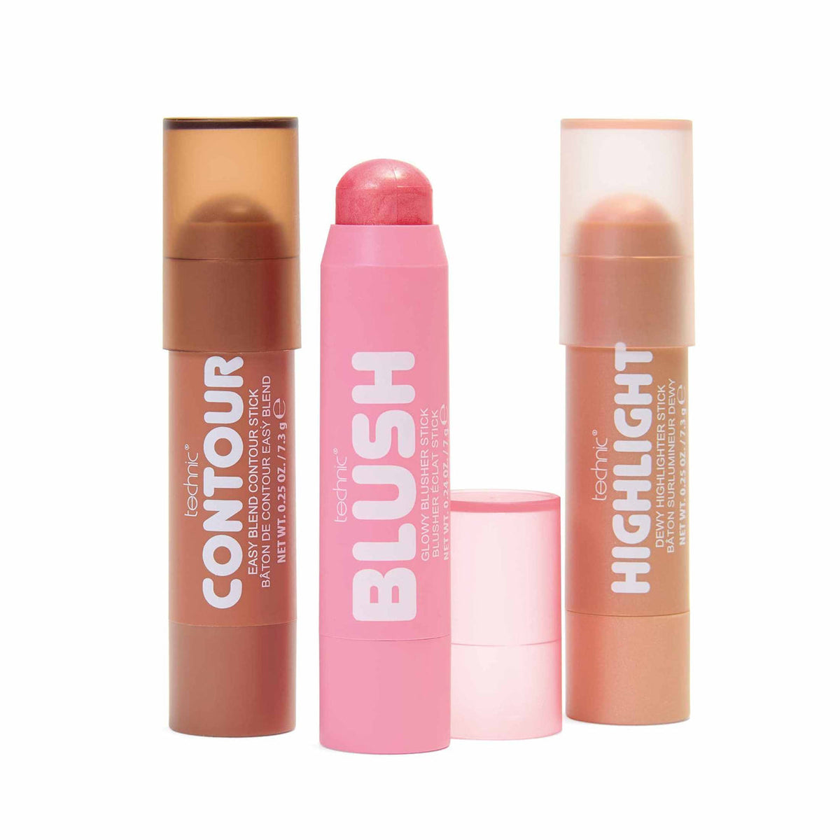 Technic Glow Trio showing pink blush, bronze highlighter and brown contour makeup sticks with removable caps