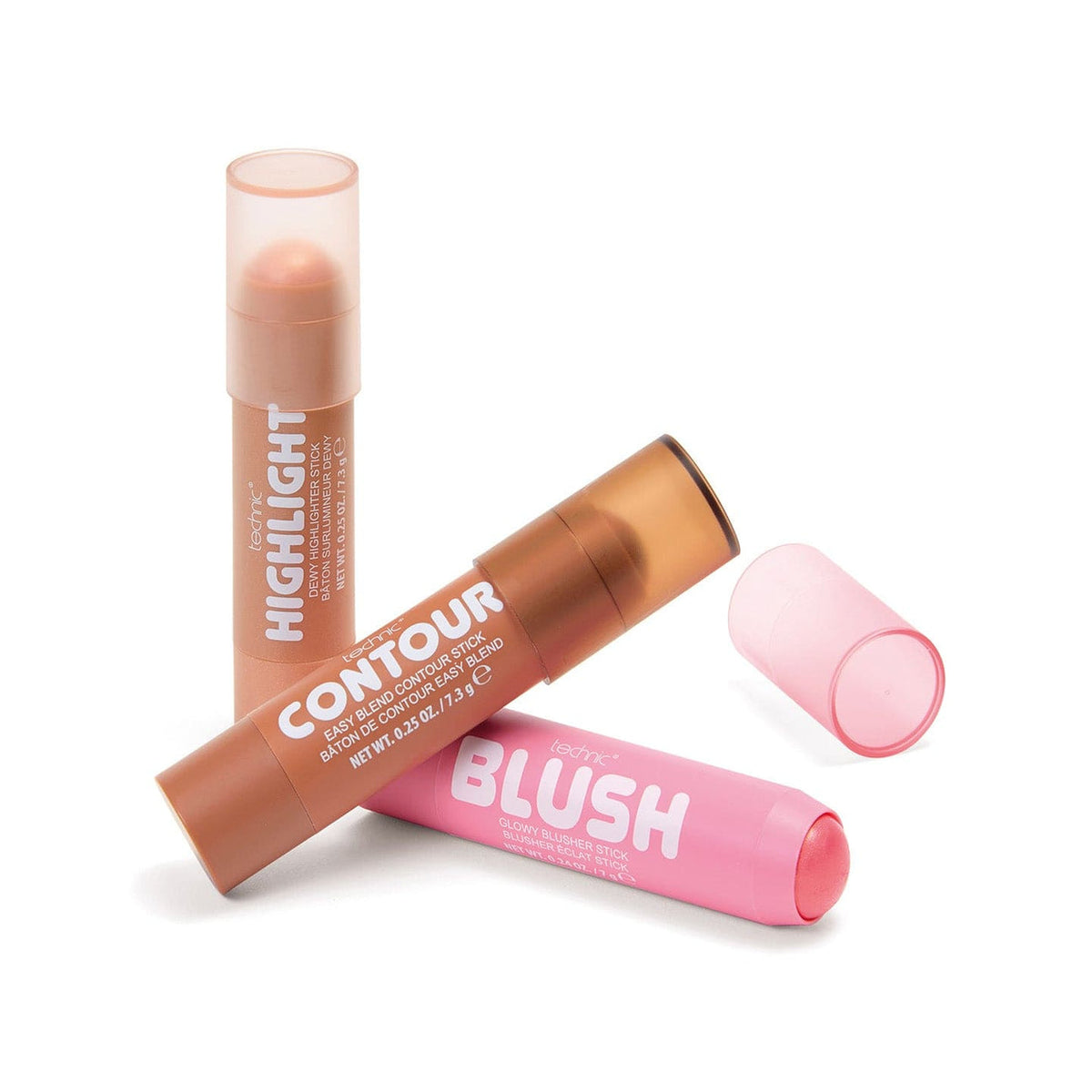 Technic Glow Trio blush, contour and highlighter sticks arranged on white background with pink blusher exposed