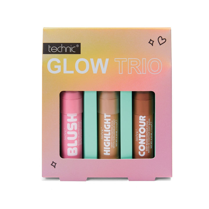 Technic Glow Trio Cream Blush, Contour and Highlighter Stick Set in pastel pink and gold presentation box