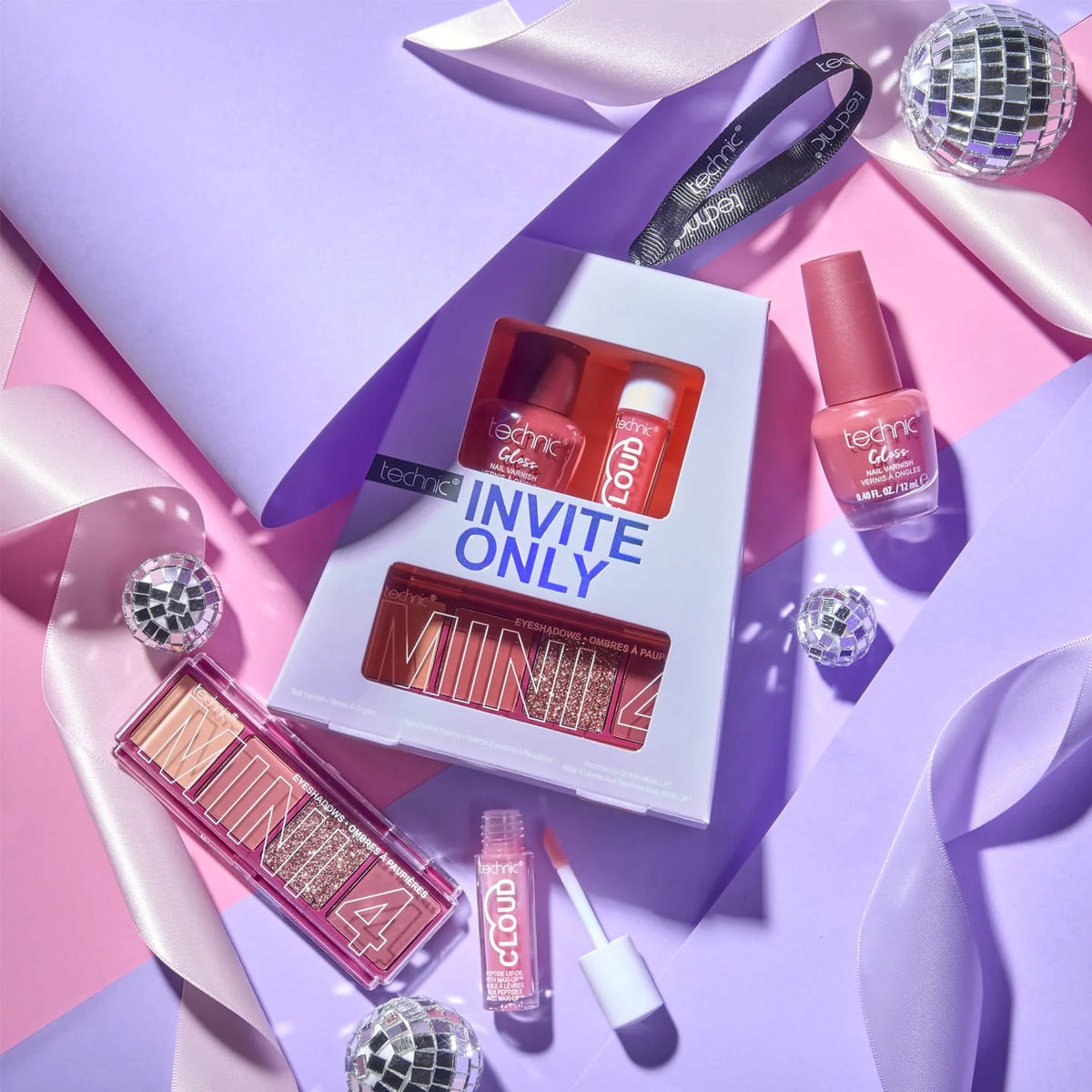 Technic Invite Only Makeup Gift Set displayed with four-shade eyeshadow palette, peptide lip oil and nail varnish on purple and pink background