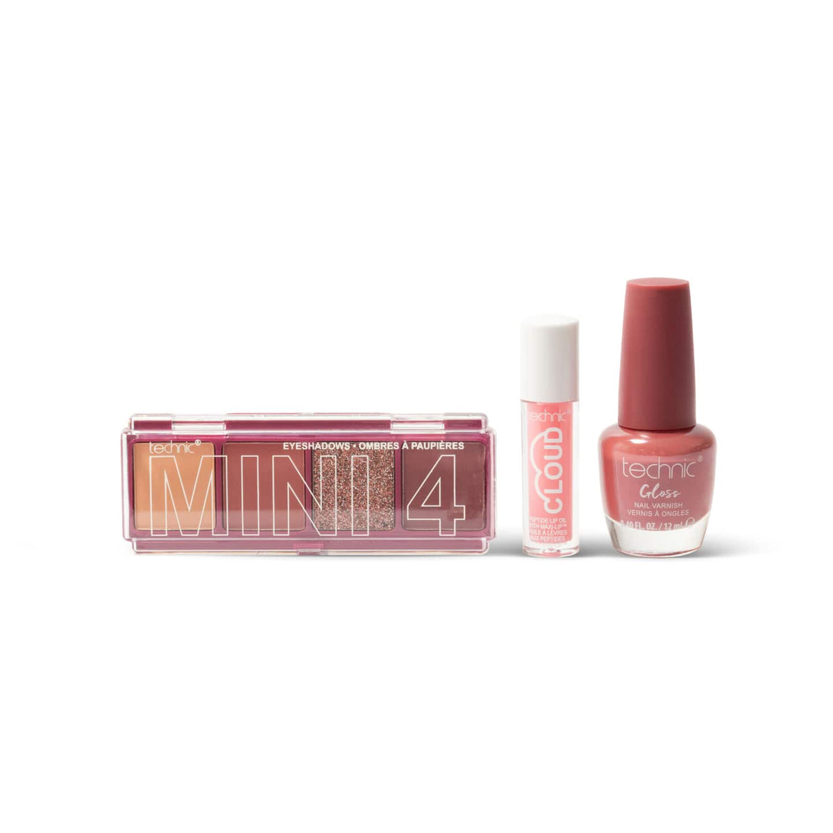 Technic Invite Only four-colour eyeshadow palette with mini Cloud Peptide Lip Oil and nude rose nail polish
