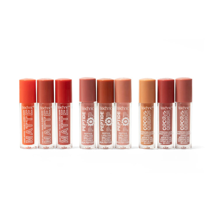 Technic Lip Vault collection showing nine mini matte liquid lipsticks, Peptide Pop glosses and Coco Quench lip serums