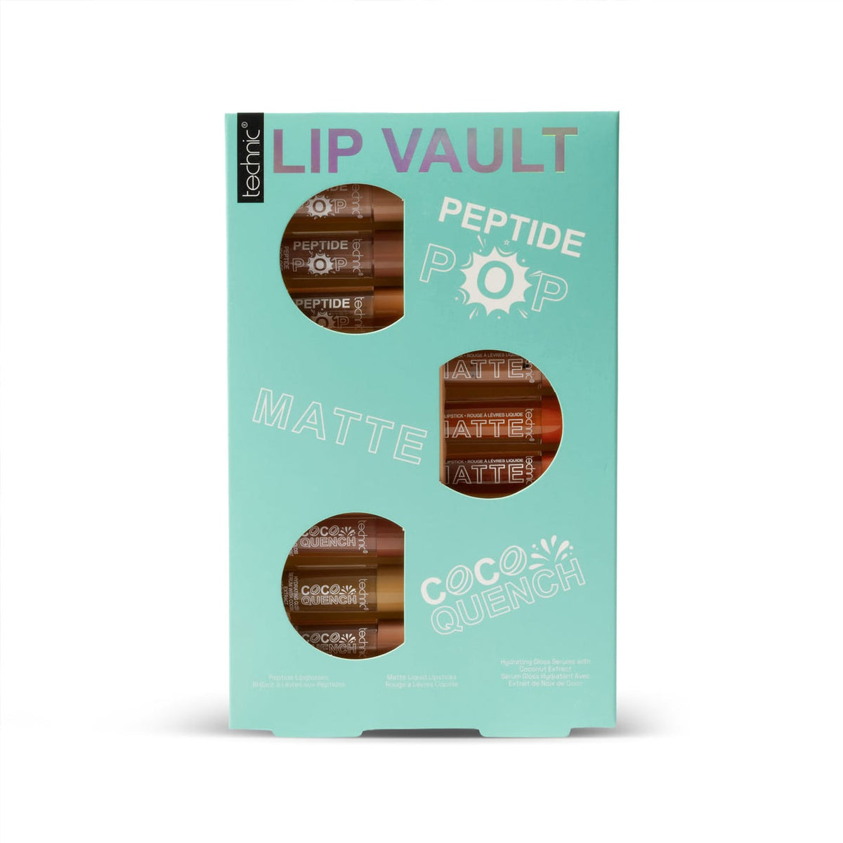 Technic Lip Vault 9 Piece Lip Makeup Gift Set in turquoise packaging showing Peptide Pop, Matte Lipstick and Coco Quench minis