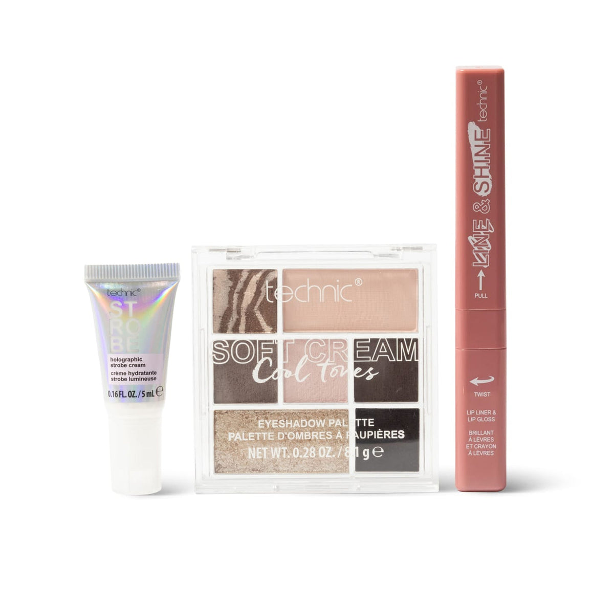 Technic Obsessed Cool Tones Makeup Gift Set in lilac presentation box displaying eyeshadow palette, lip product and cream highlighter