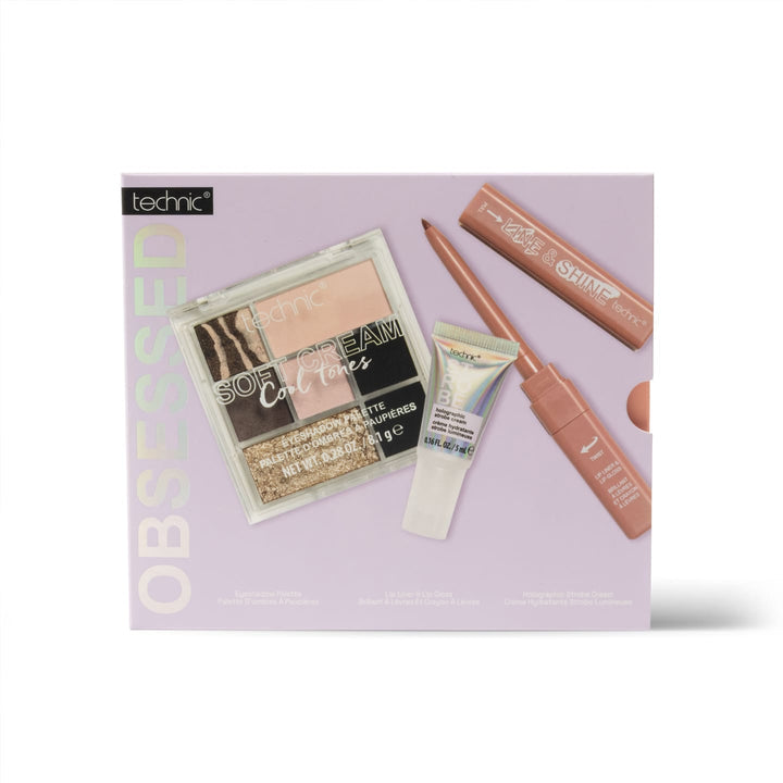 Technic Obsessed Cool Tones Makeup Gift Set with eyeshadow palette, Holographic Strobe Cream and Line & Shine lip liner and gloss