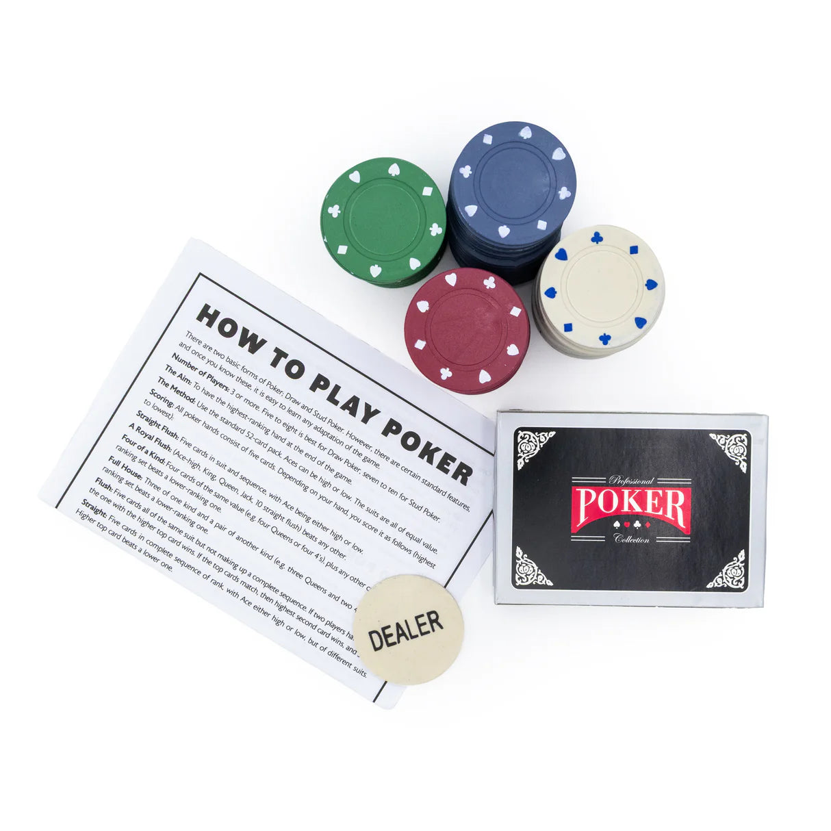 Poker gift set for him with how-to-play leaflet, dealer chip and boxed playing cards beside loose chips