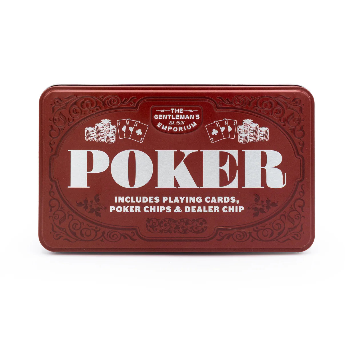 Closed embossed red Gentleman’s Emporium poker tin Gift set for dad 