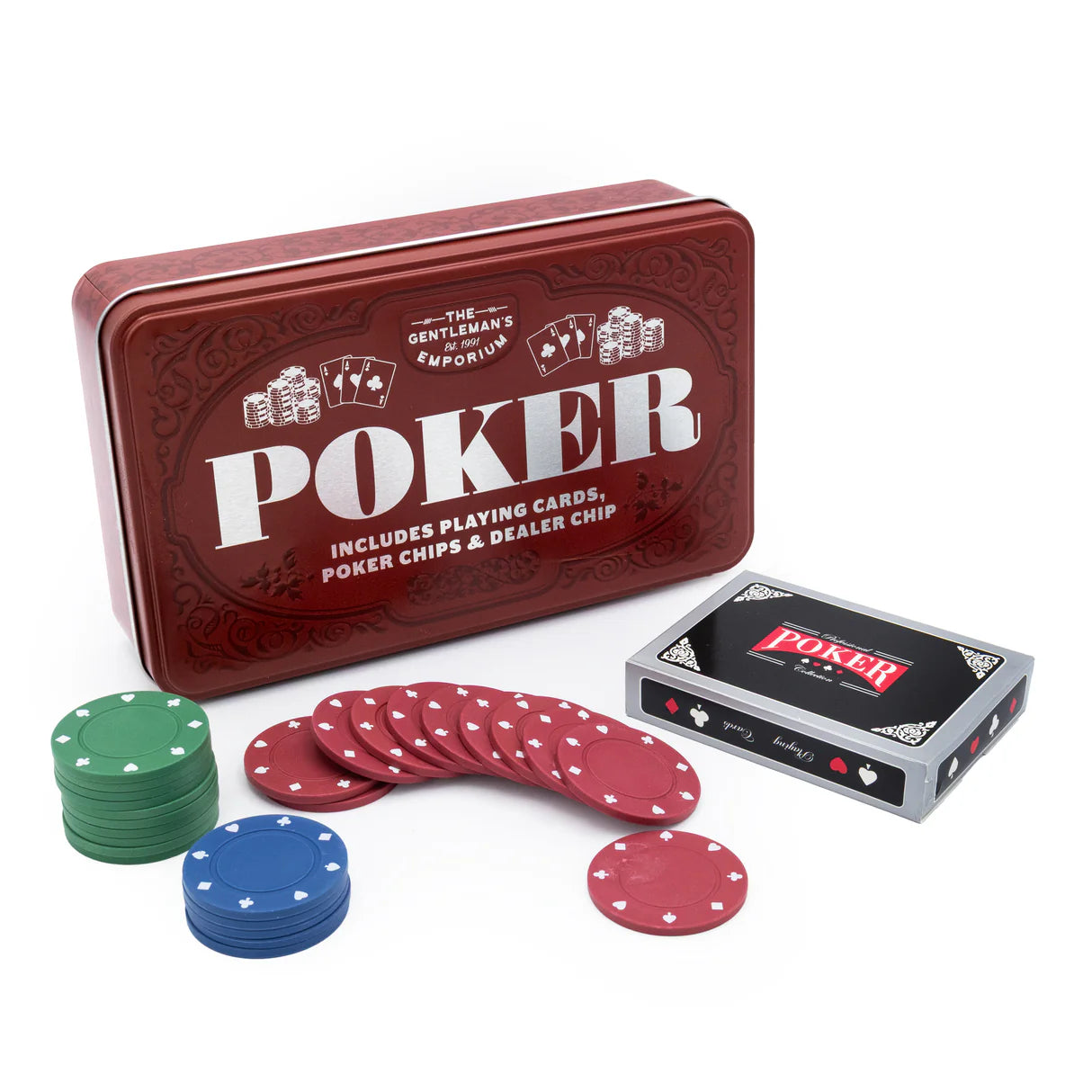 Gentleman’s Emporium red poker tin gift set with playing cards and coloured poker chips arranged in front