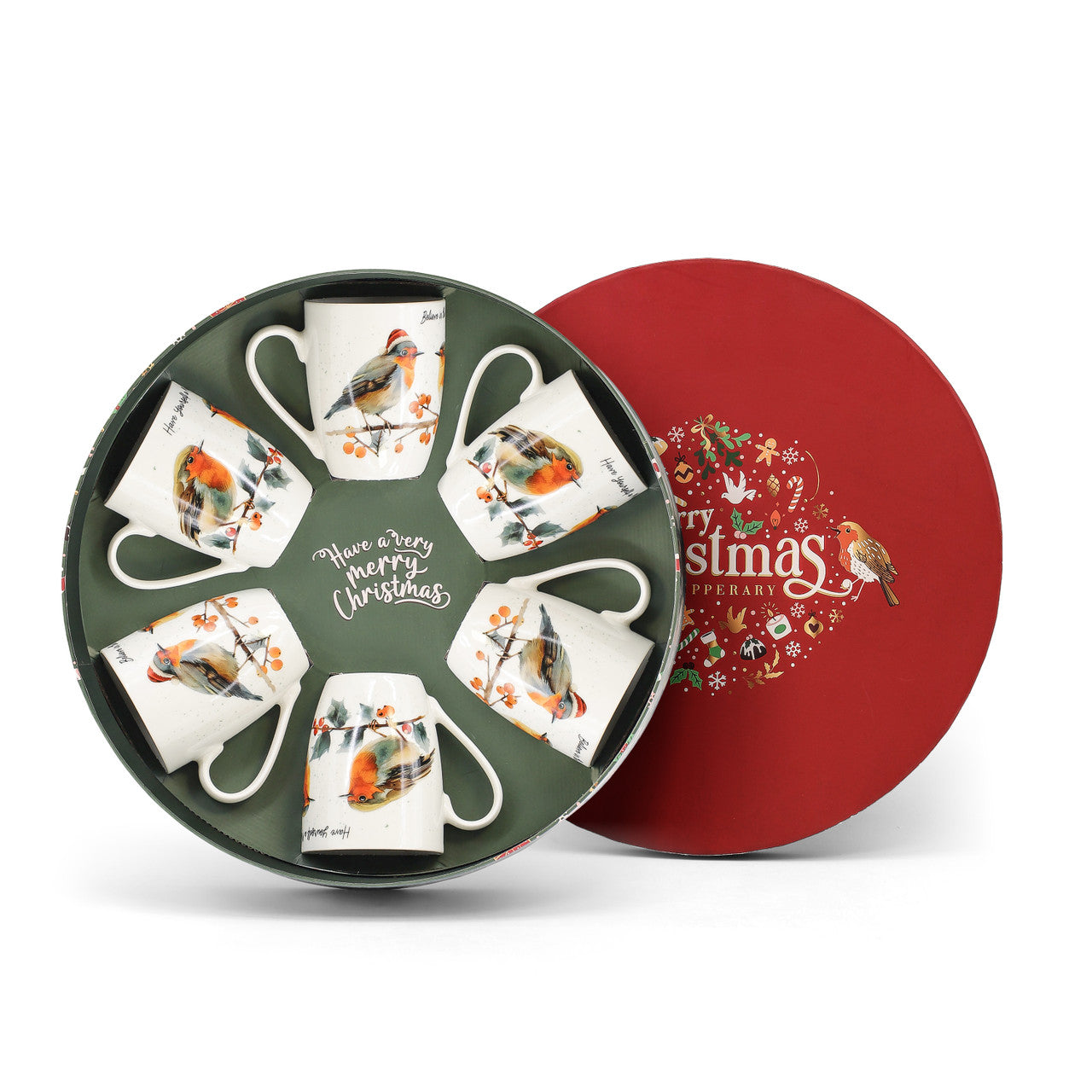 Set of six Tipperary Crystal robin tankard mugs displayed in red festive hatbox - gift set for mum.