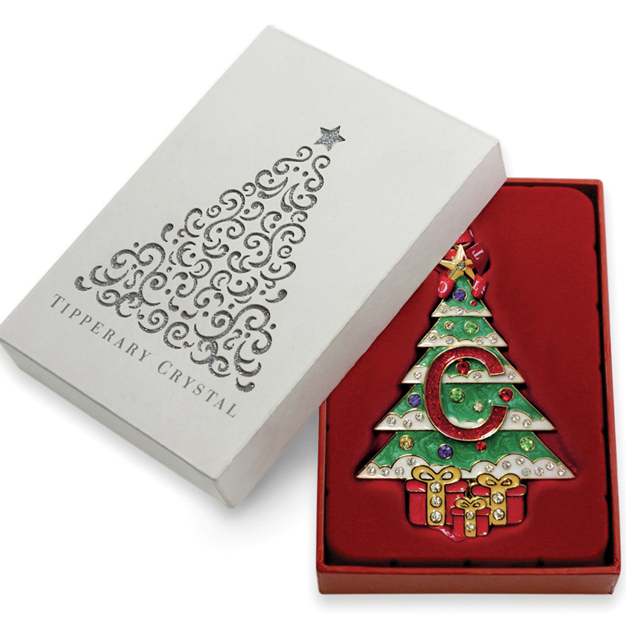 Personalised Initial C hanging tree decoration with red ribbon in gift box
