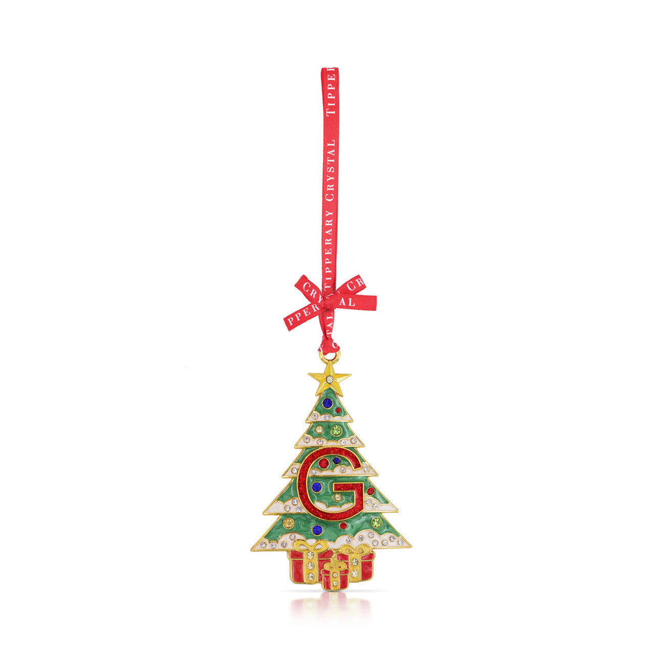 Tipperary Crystal Initial G ornament with branded red ribbon