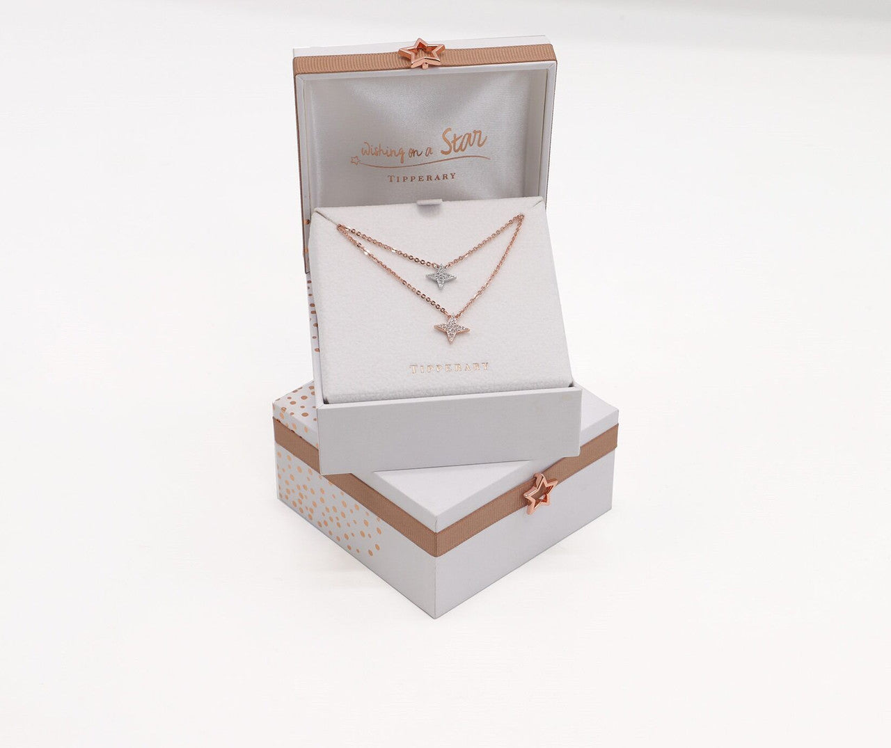 Tipperary Crystal Double Floating Pave Star Necklace Gift Set in Rose Gold