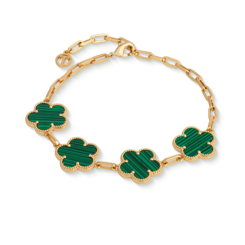 Tipperary Crystal Fleur yellow gold bracelet with four green flower charms