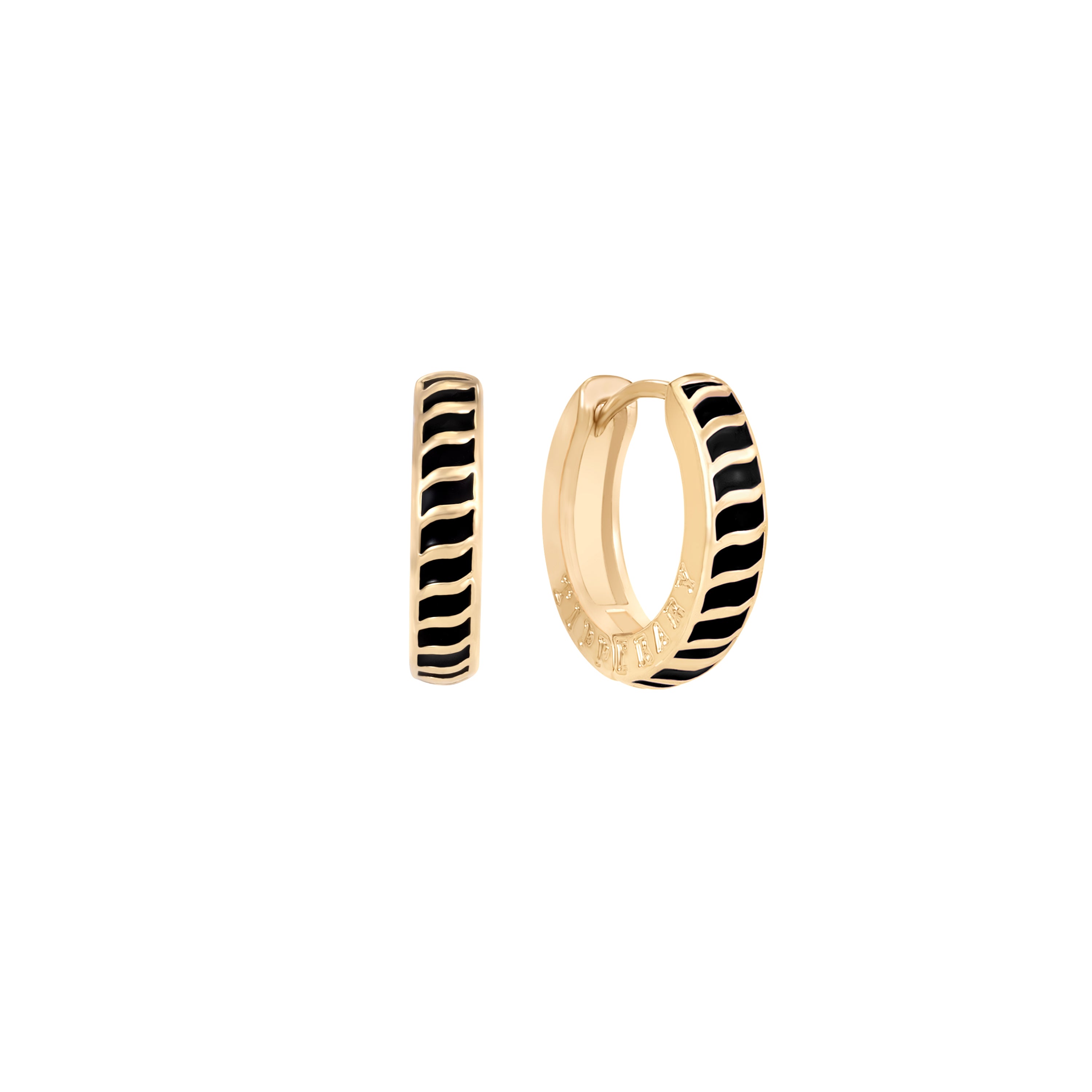 Tipperary Crystal HALO Eclipse gold hoop earrings with black enamel