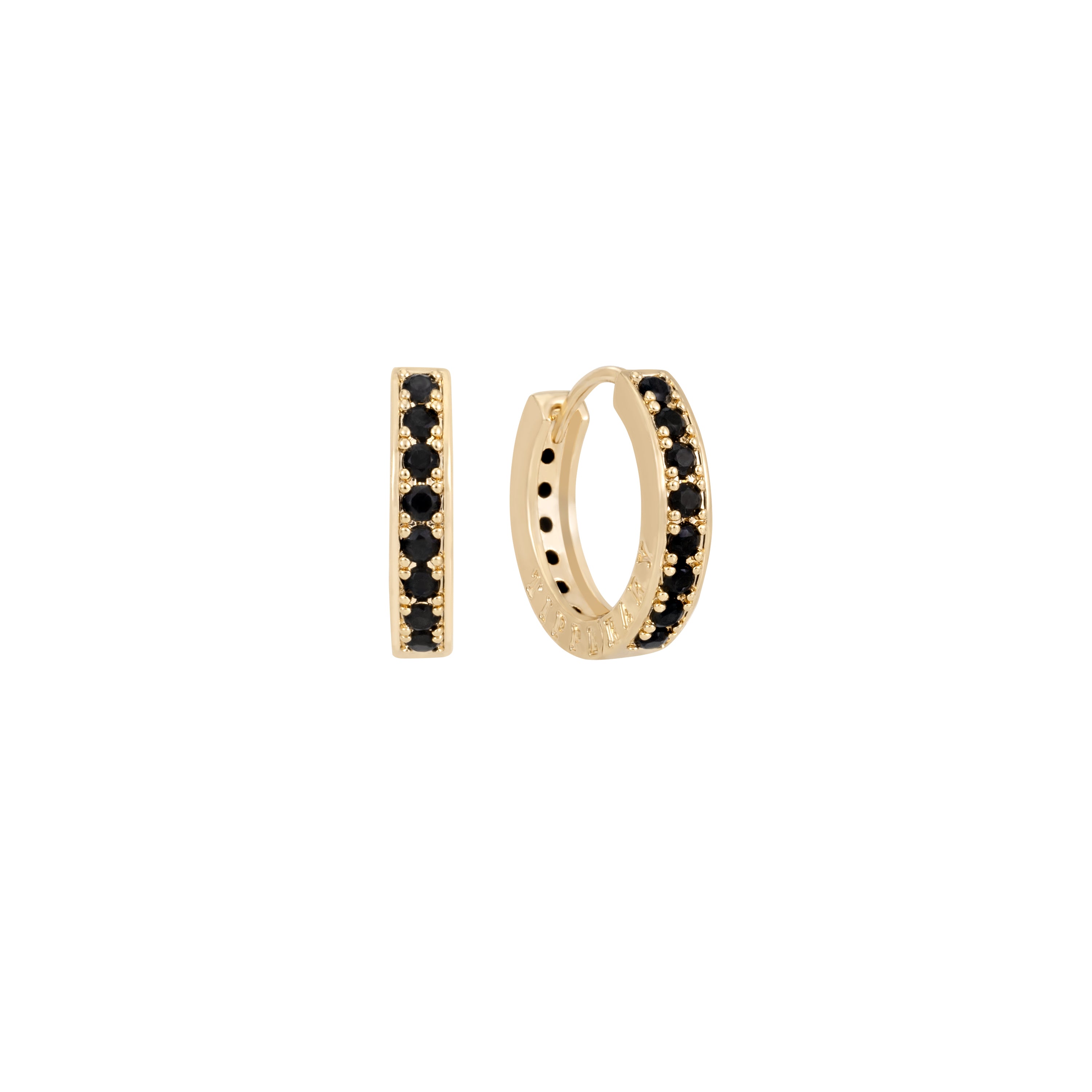 Tipperary Crystal Halo gold mini hoop earrings with black crystals
