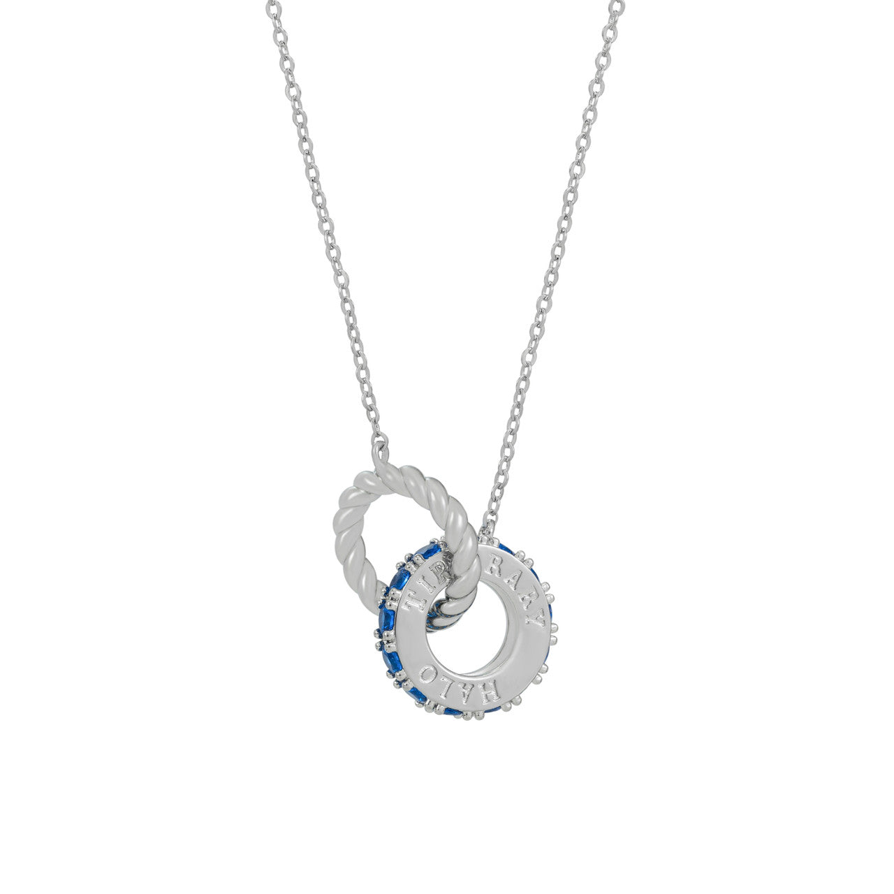 Tipperary Crystal Halo Night interlocking silver pendant necklace with blue stones, elegant gift for women

