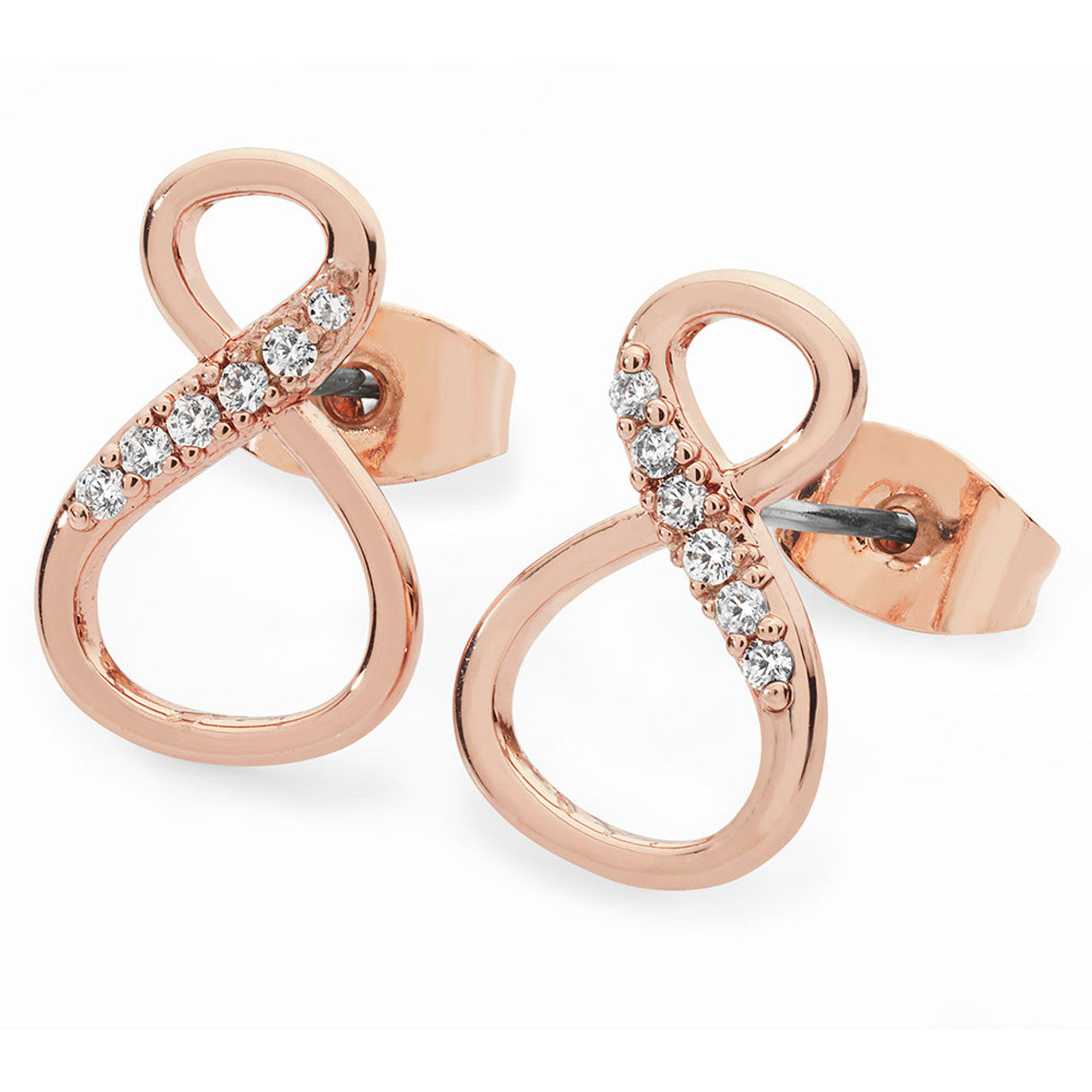 Tipperary Crystal rose gold infinity stud earrings with crystal detailing, product close-up.