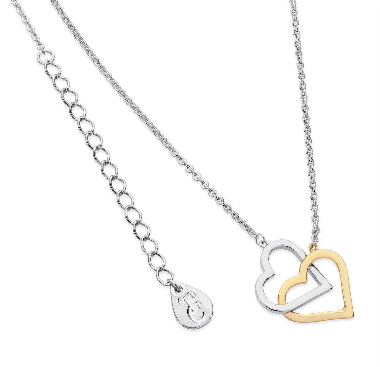 Tipperary Crystal two-tone interlinked heart necklace in silver and gold on chain.