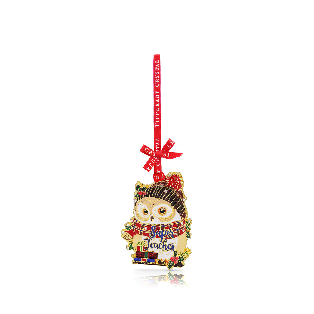 Tipperary Crystal Super Teacher owl Christmas decoration — crystal embellished owl on books with ribbon hanger, ideal teacher gift