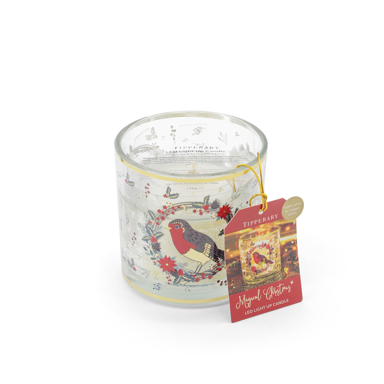 Tipperary Crystal Magical Robin LED Candle in decorated festive jar — LED light-up Christmas candle for mantel and gifts.