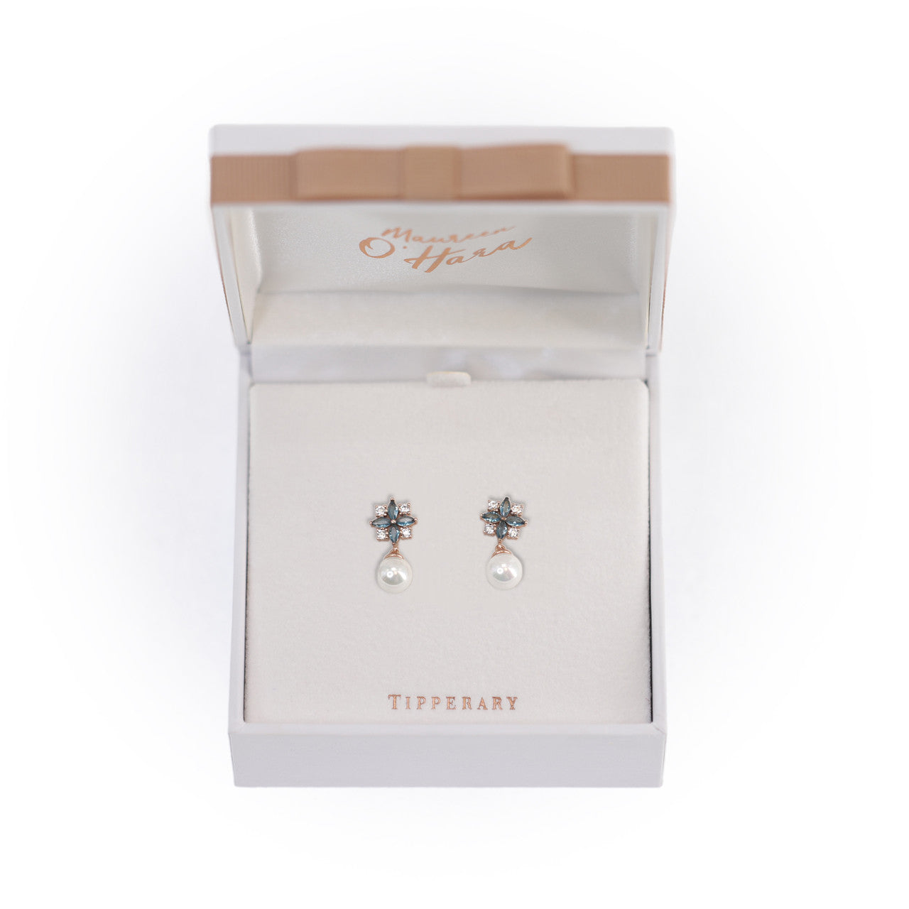 Tipperary Crystal Maureen O’Hara pearl drop earrings presented in signature gift box.