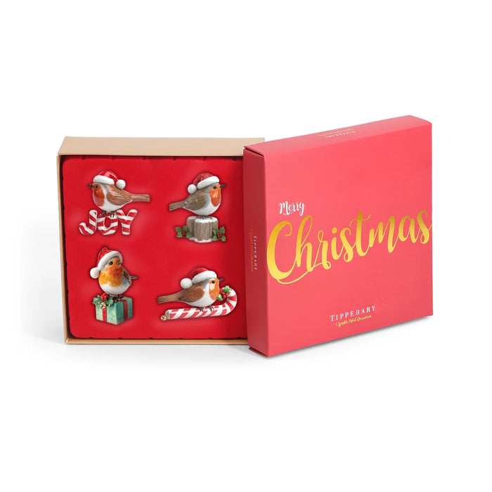 Tipperary Crystal Merry Christmas Porcelain Robin Decoration Gift Set with four robin tree decorations