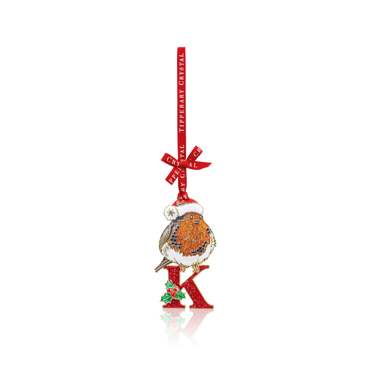 Tipperary Crystal robin Christmas tree ornament initial letter K