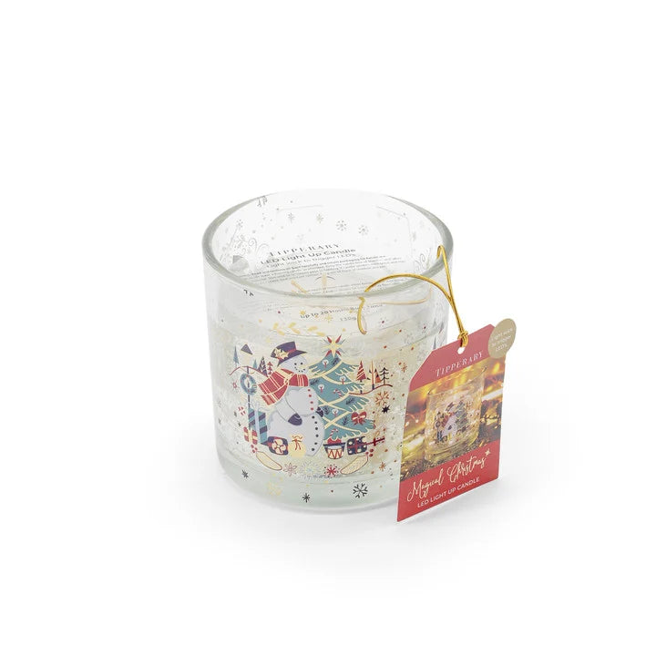  LTipperary Crystal Christmas Snowman LED Candle in decorated glass jar