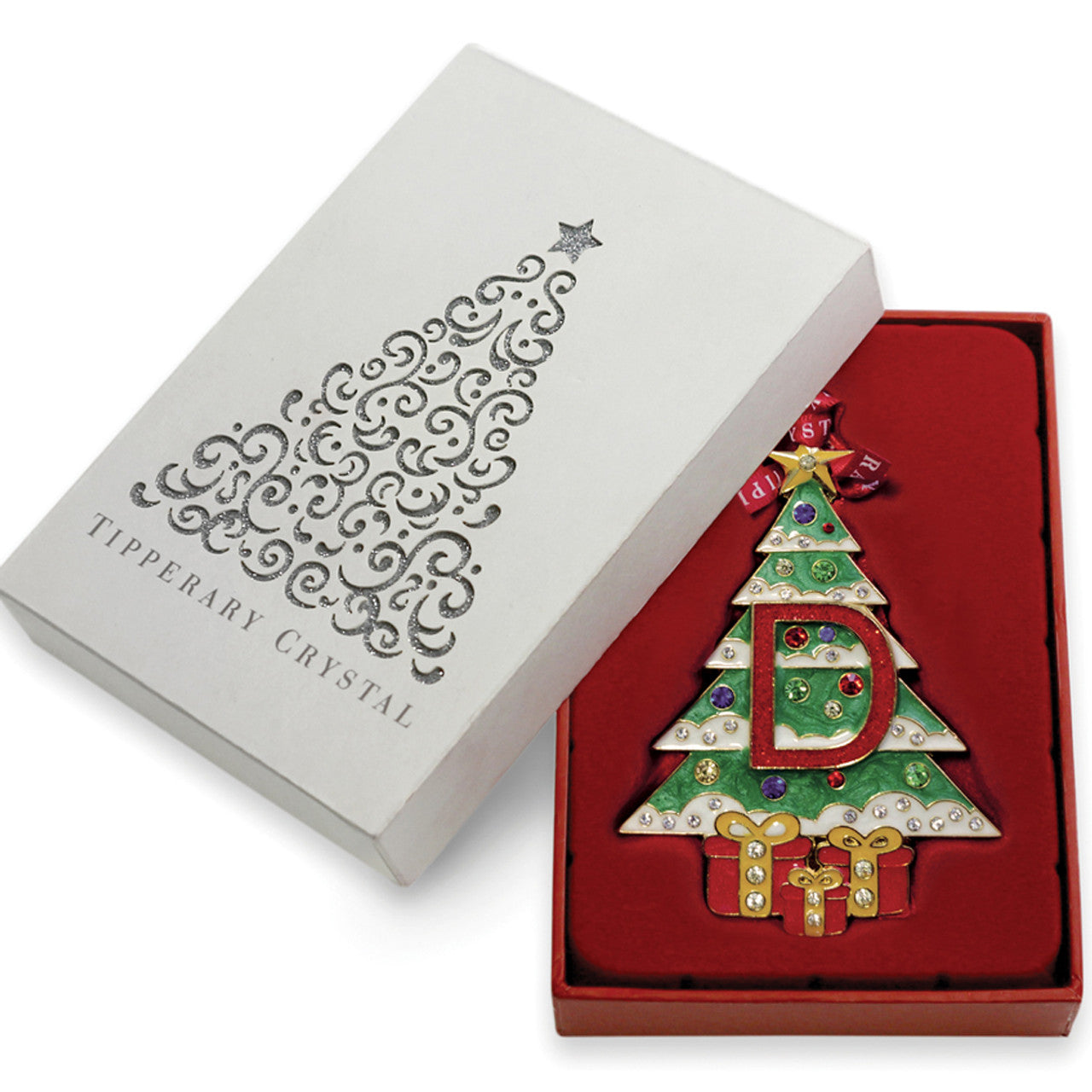 Tipperary Crystal initial D Christmas tree decoration with ribbon, gift boxed