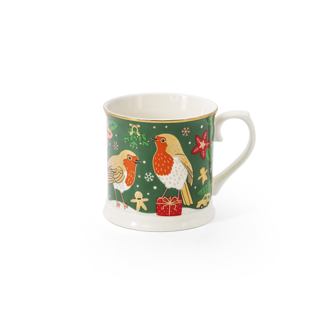 Wonderful Wishes green robin tankard with festive robin and gold trim – ceramic Christmas mug